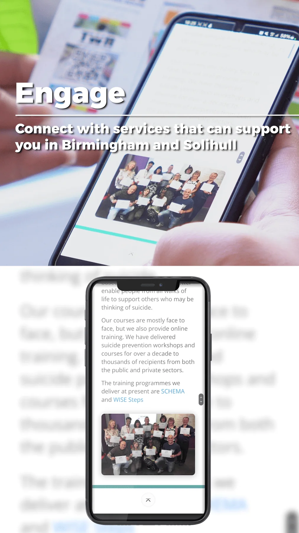 Mobile phone showing suicide prevention training content