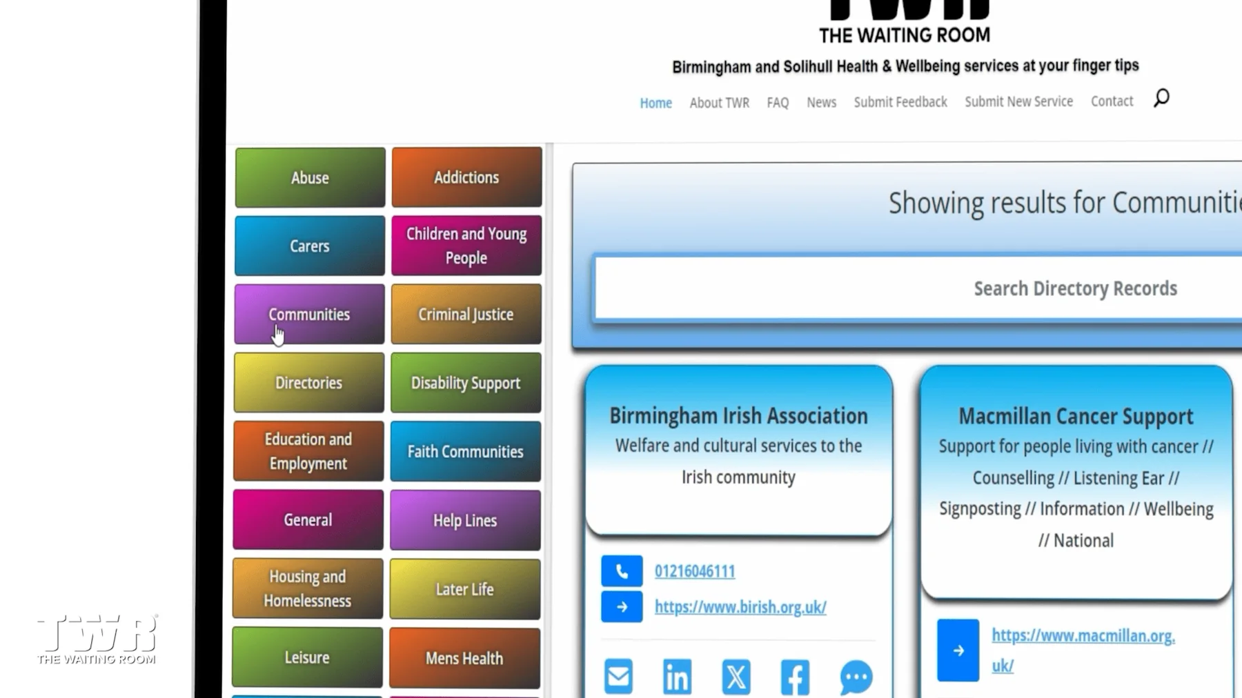 The Waiting Room directory interface