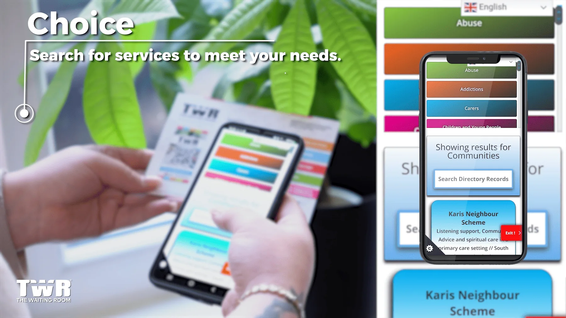 The Waiting Room service categories on a mobile phone